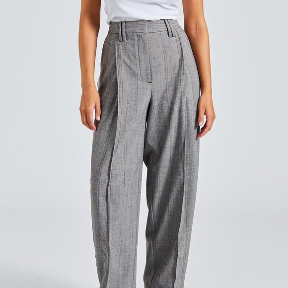 GANNI Grey Herringbone Suiting Relaxed Pleated Pants with lace trim - Picture 6 of 8